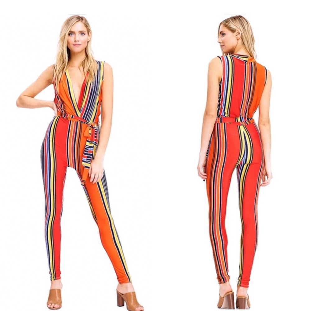 ✨NEW✨Orange Stripe Deep VNeck Sexy Jumpsuit